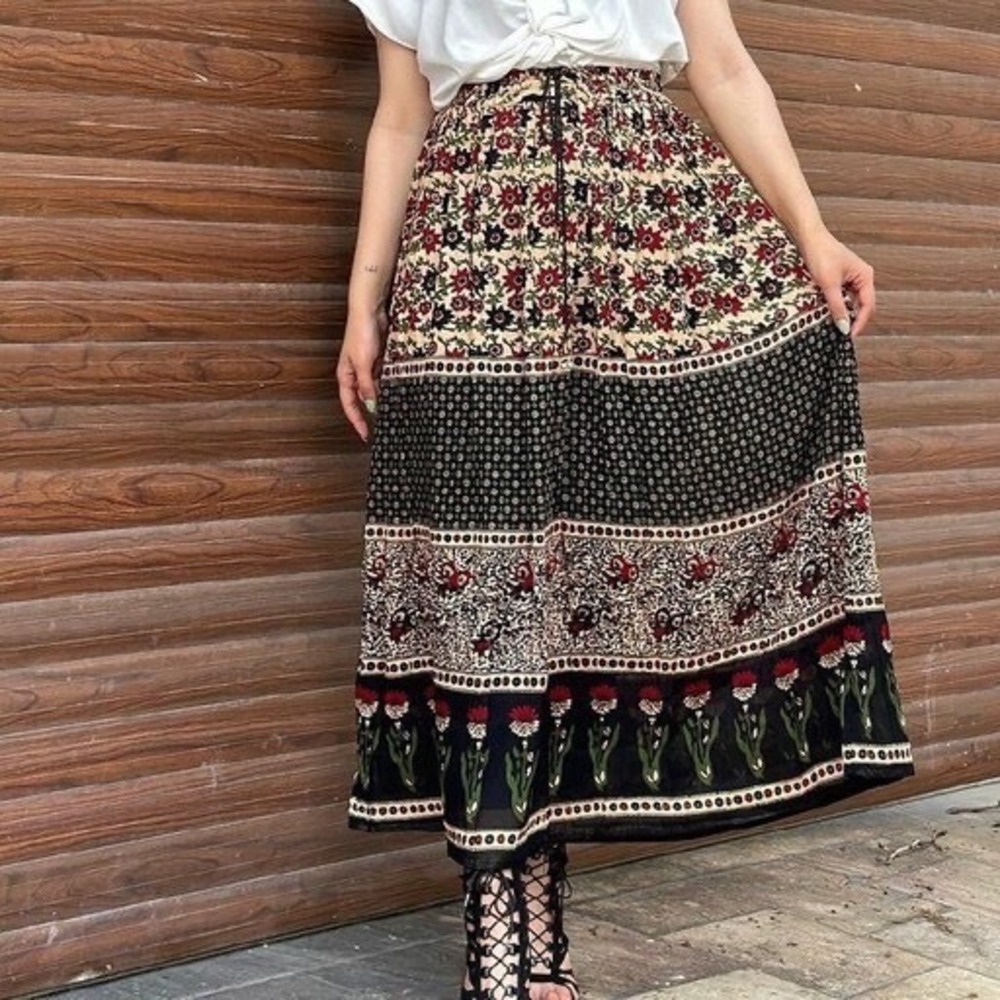 Boho Maxi Skirt Floral Print Black‎ Red Beige Rayon Boho Made in India Bohemian